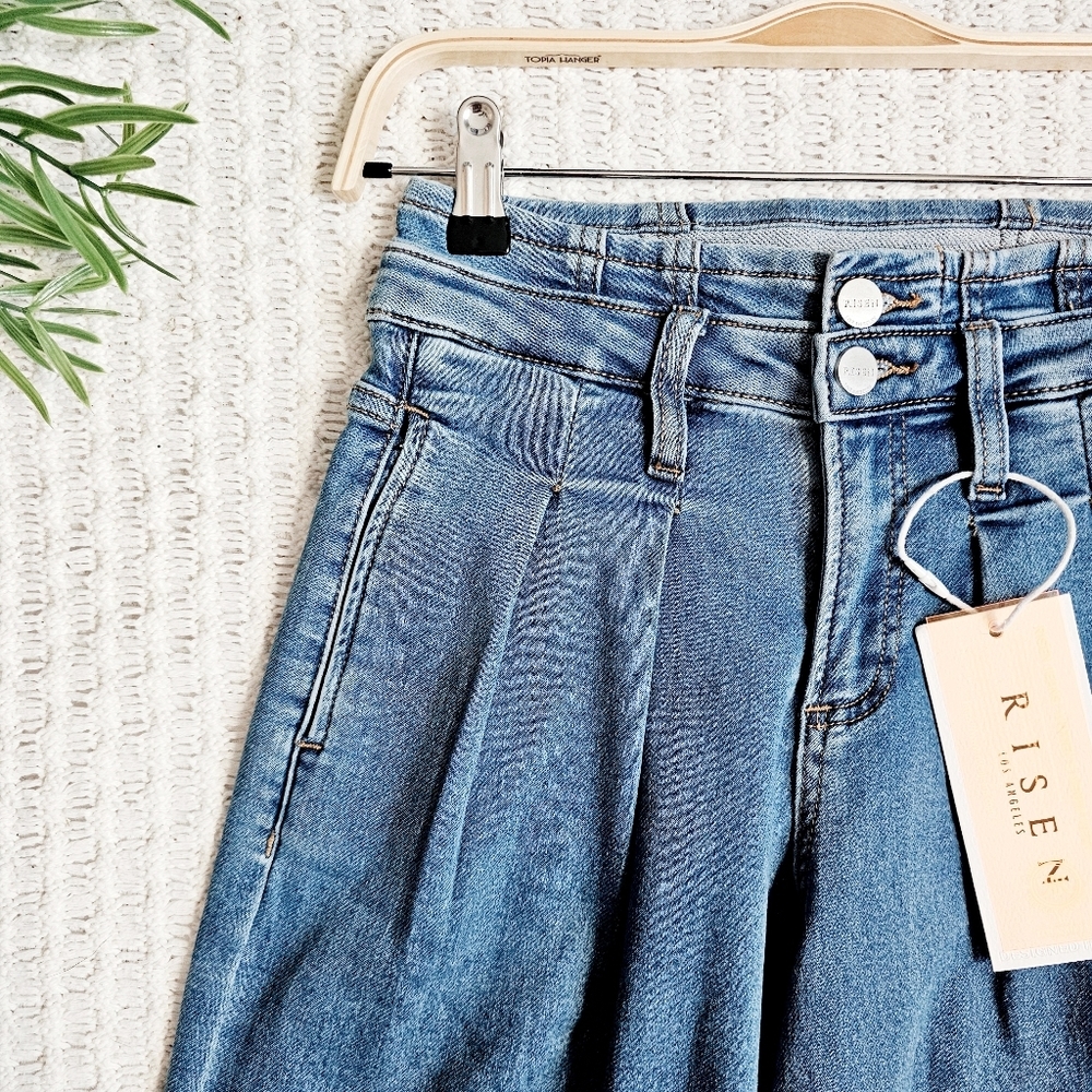 Risen MR Medium Wash Wide Leg Jeans Pleated Double Button Retro 80's Various NEW - Picture 5 of 15